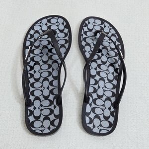 COACH Lyra Thong Sandals Womens 10B Black Logo Print Beach Pool Jelly Flip Flops